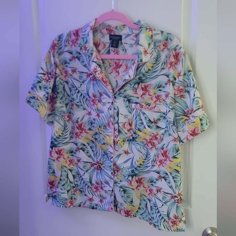 Tropical Floral Two-Piece Pajama Set in Light Blue, Yellow & Pink Size L